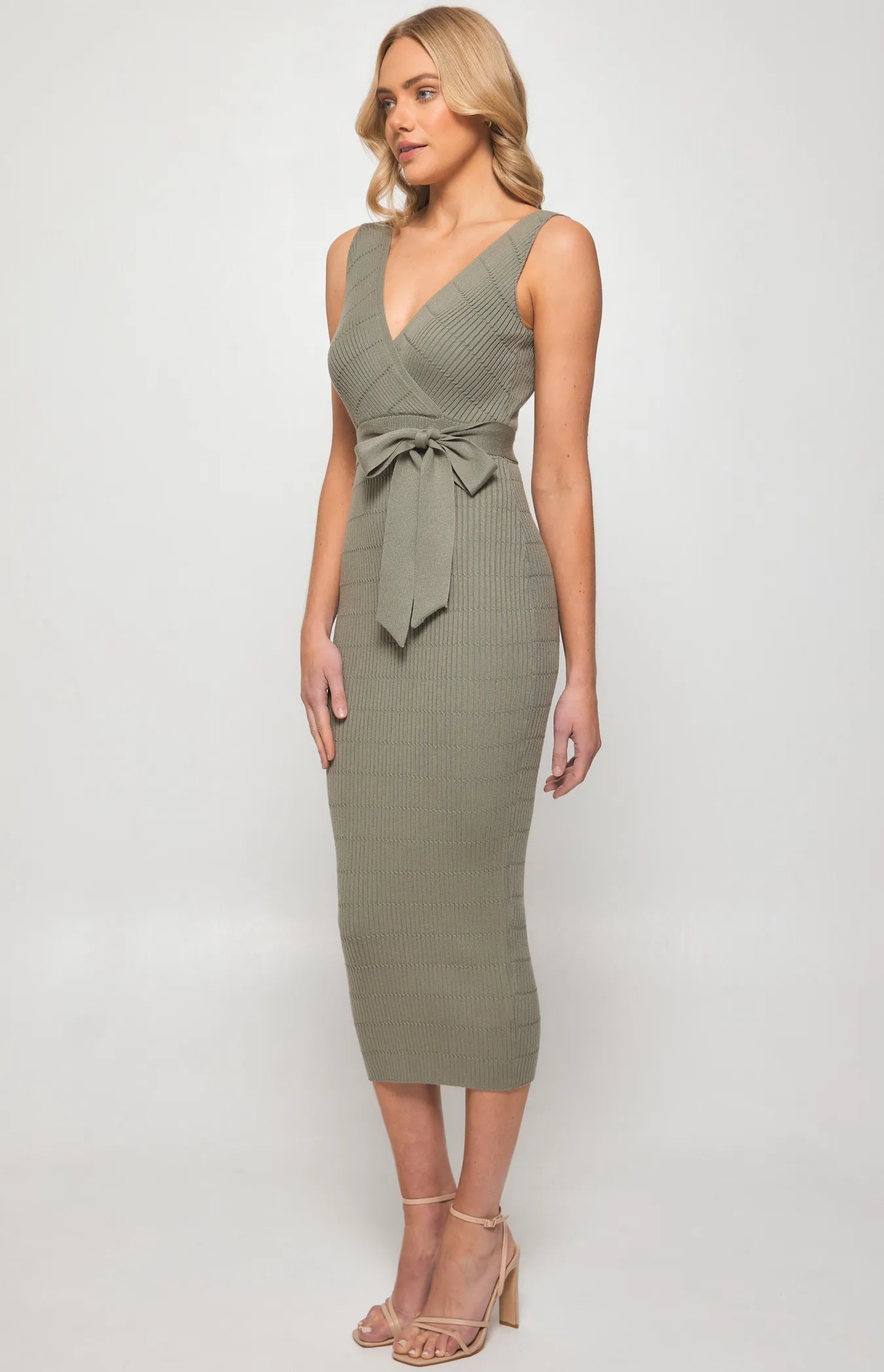 Textured Knit Midi Dress with Tie Belt (SKN660)