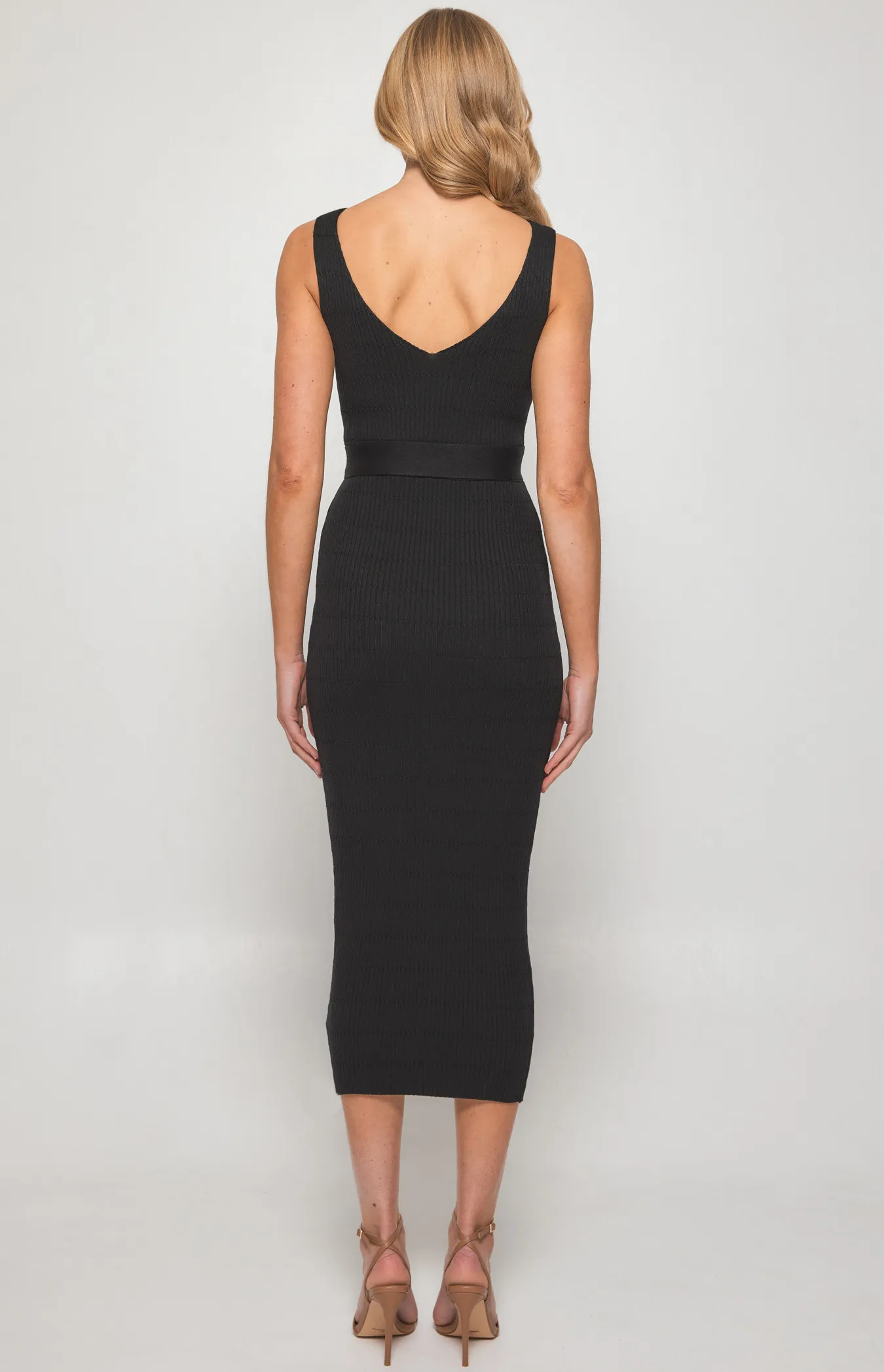 Textured Knit Midi Dress with Tie Belt (SKN660)