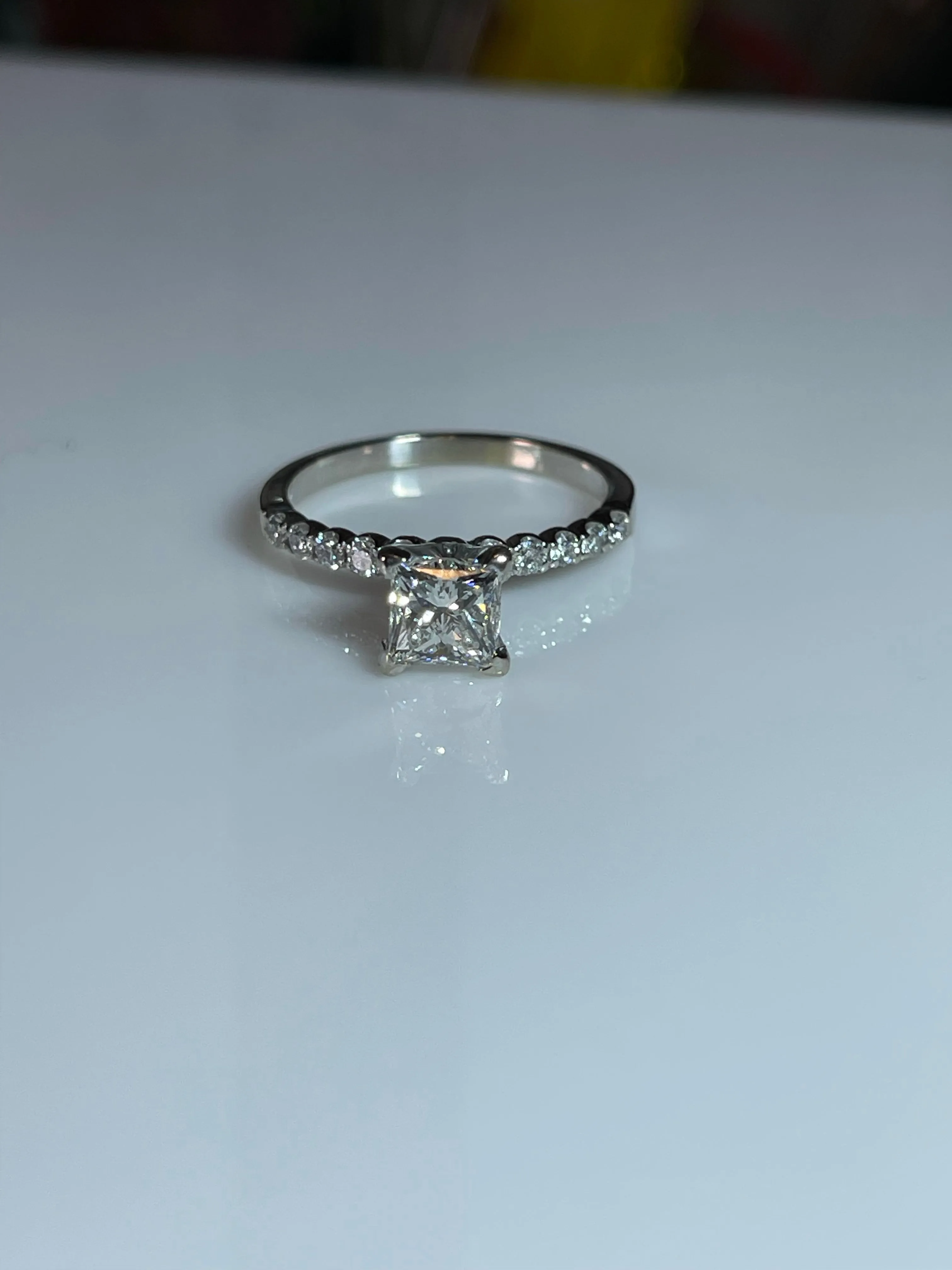 Tiffany set solitaire princess cut diamond engagement ring .97ct 14k white gold