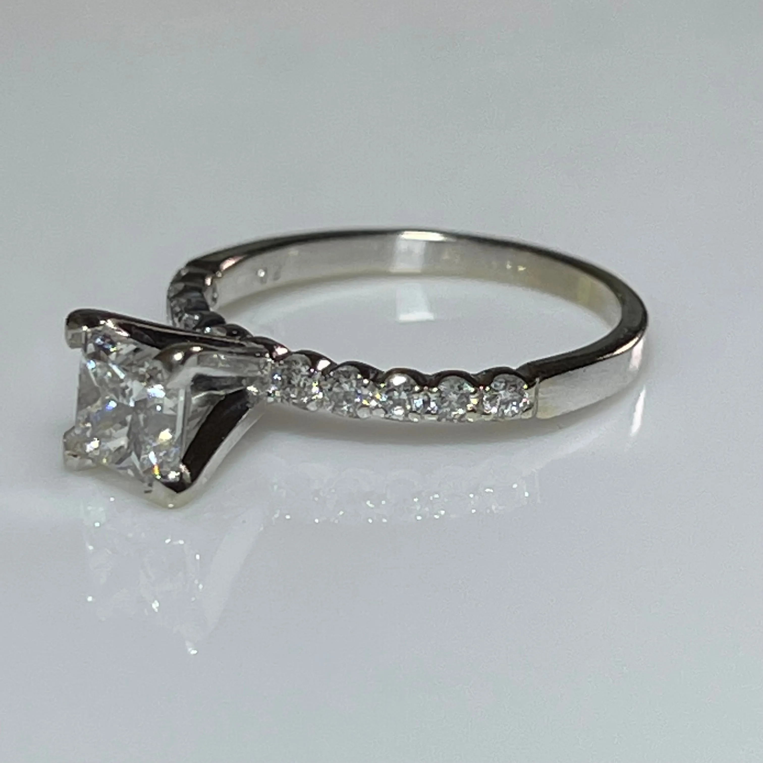 Tiffany set solitaire princess cut diamond engagement ring .97ct 14k white gold