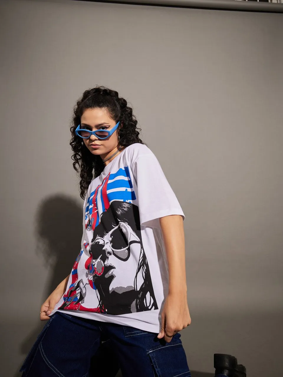 Unisex White Graphic Print Oversize T-Shirt