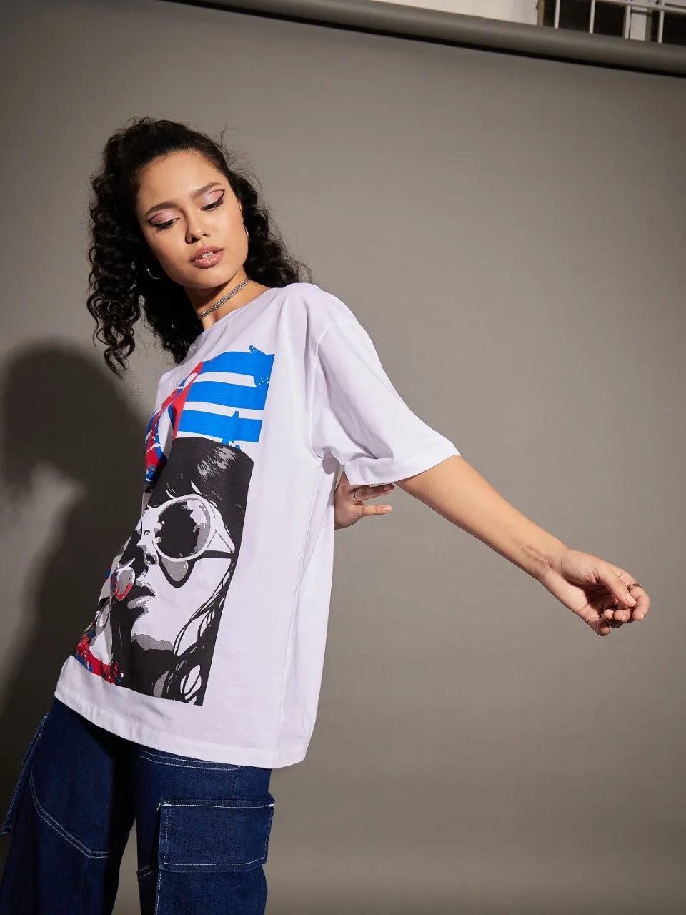 Unisex White Graphic Print Oversize T-Shirt