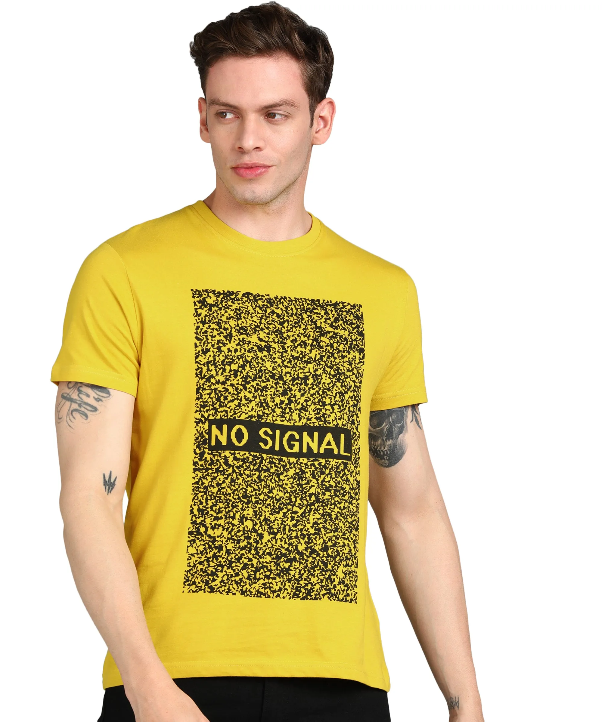 Urbano Fashion Men's Yellow Graphic Printed Round Neck Half Sleeve Slim Fit Cotton T-Shirt