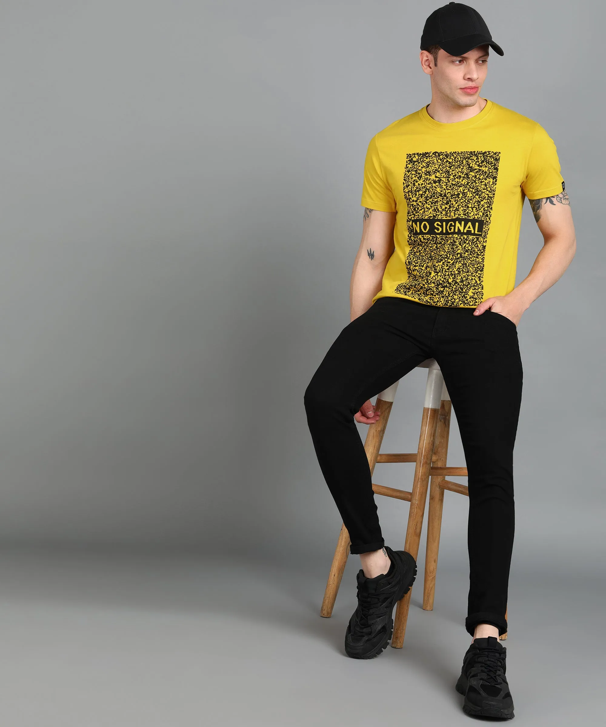 Urbano Fashion Men's Yellow Graphic Printed Round Neck Half Sleeve Slim Fit Cotton T-Shirt