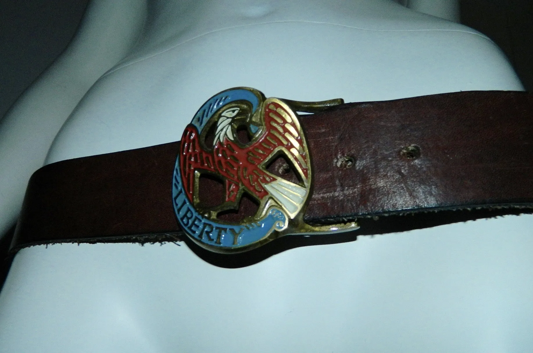 vintage 1970s leather belt Brass eagle buckle LIBERTY enamel 36 38