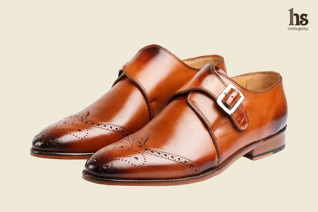 Wing Cap Single Strap Brogue Monk With Medallion- Tan