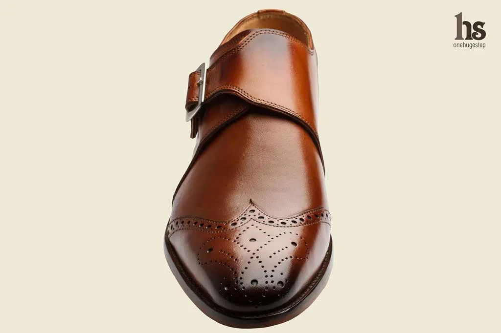 Wing Cap Single Strap Brogue Monk With Medallion- Tan