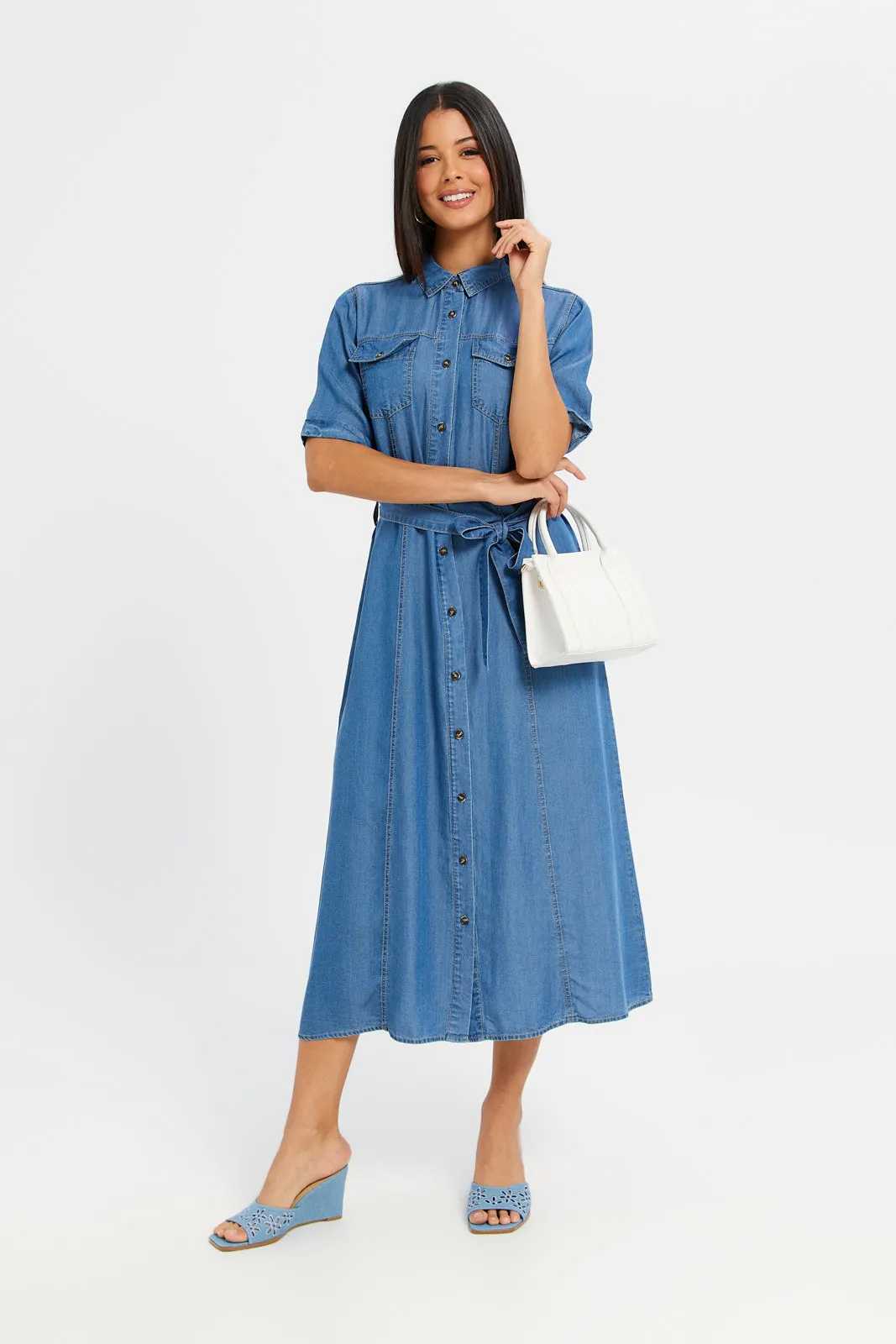 Women Blue Belted Shirt Dress