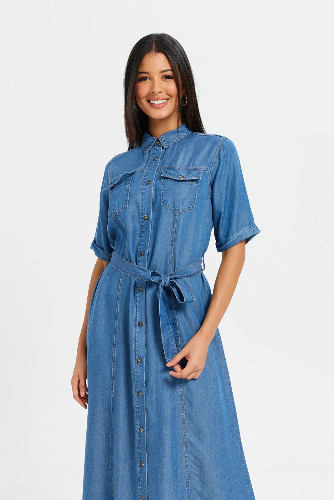 Women Blue Belted Shirt Dress