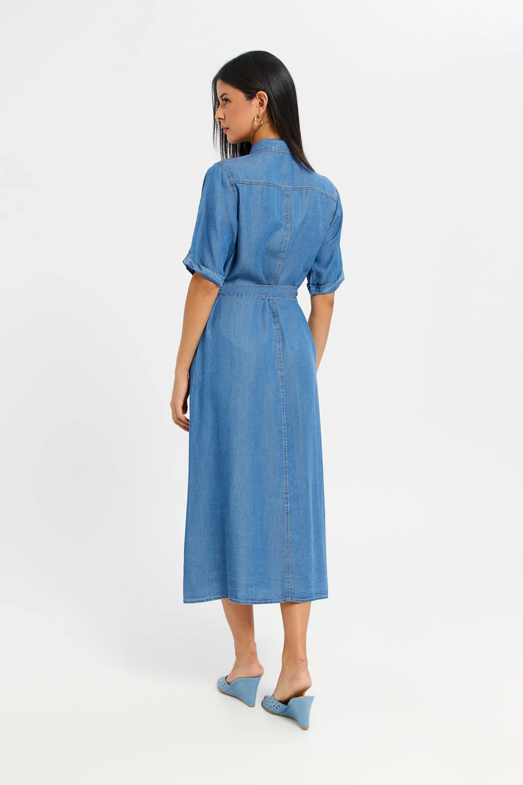 Women Blue Belted Shirt Dress