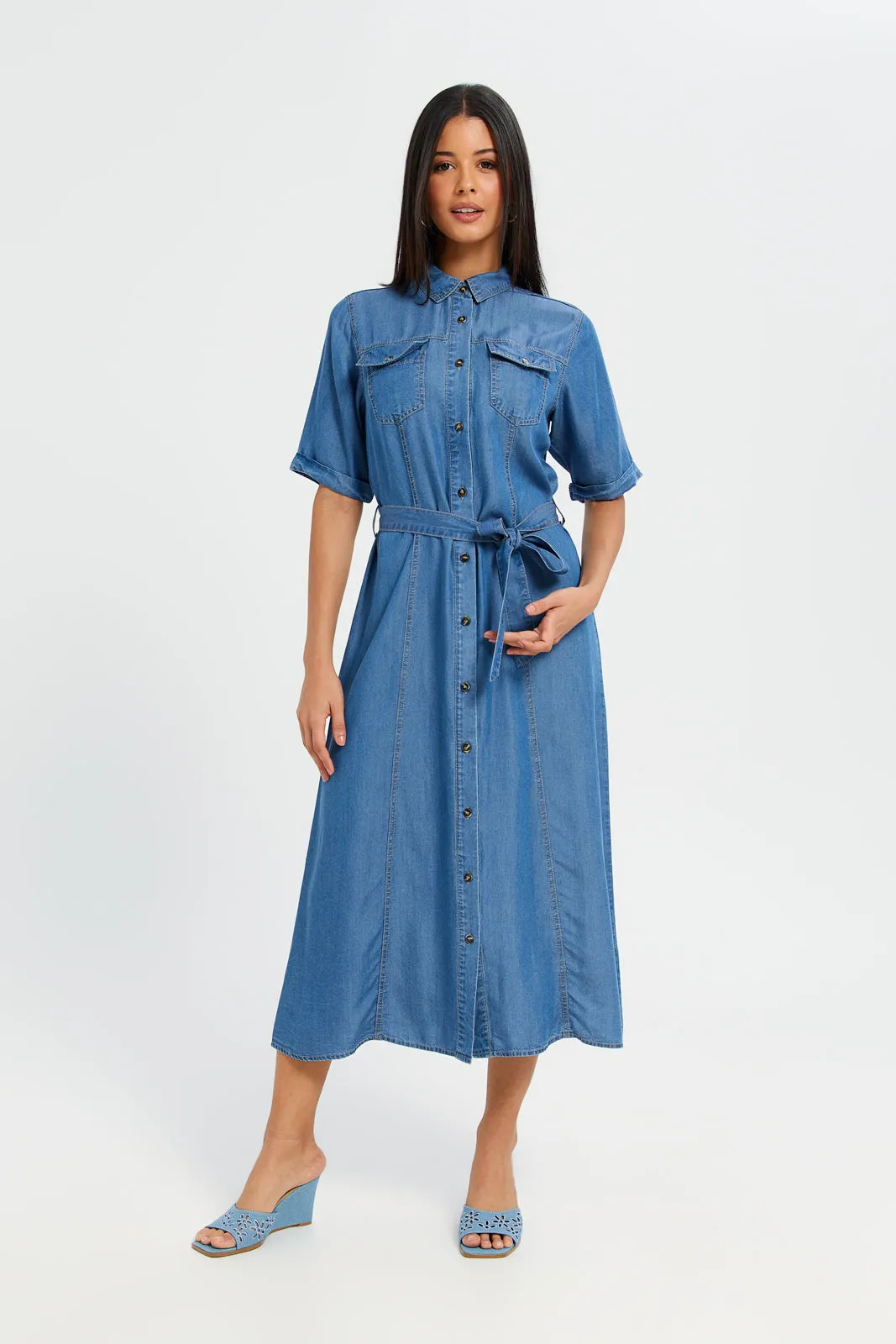 Women Blue Belted Shirt Dress