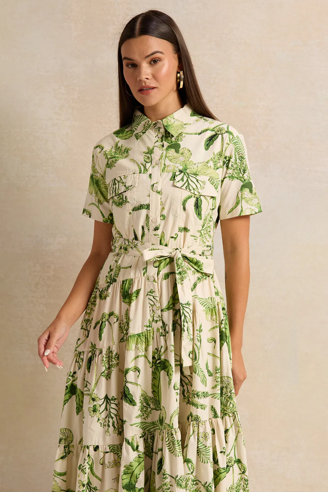 Women Ivory Printed Tiered Shirt Dress