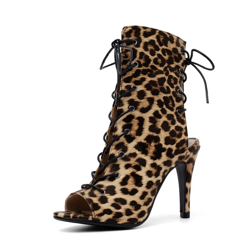 Women's Serpentine Leopard Cross-tied Back Strap High Heel Pumps