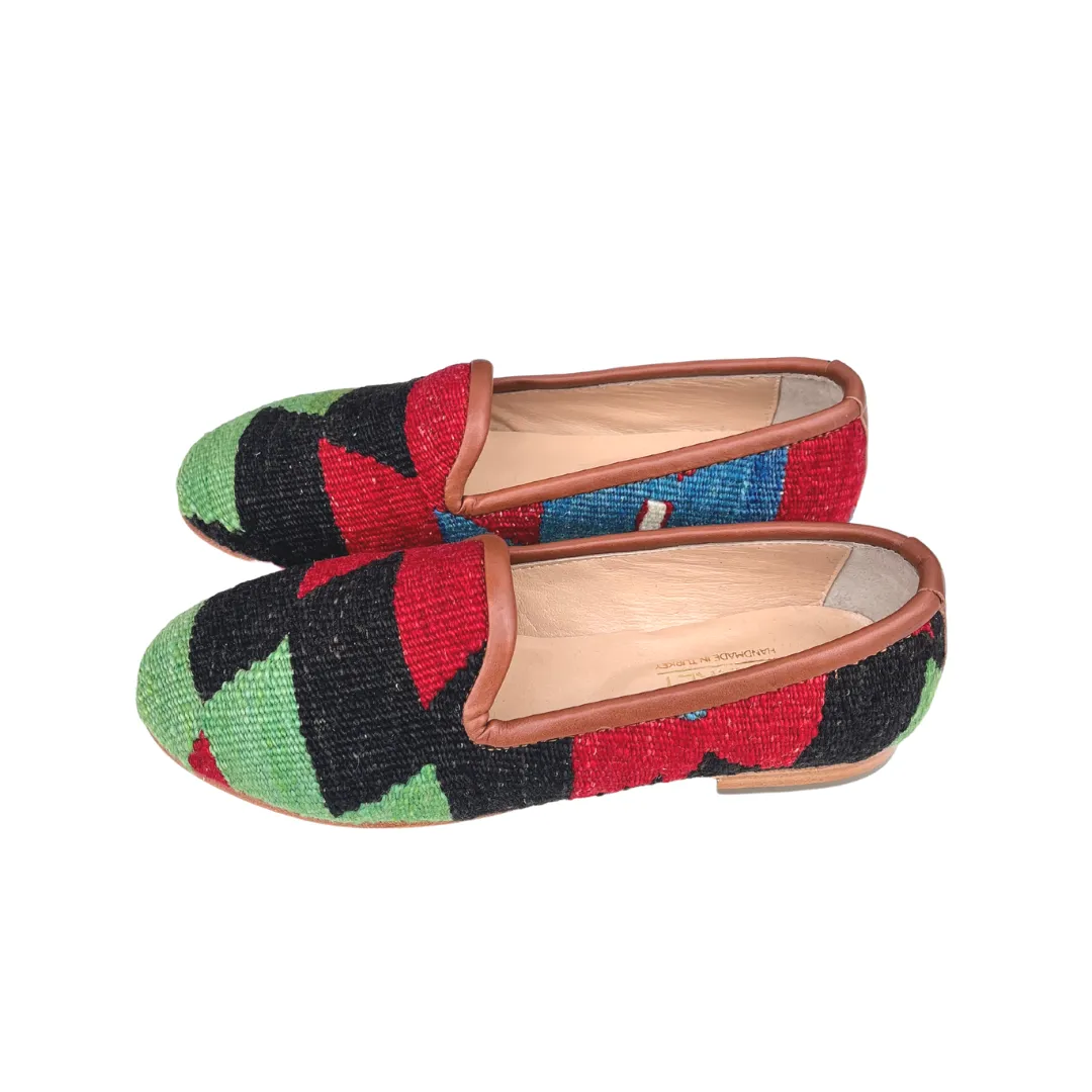 Women's Turkish Kilim Loafer | Green, Black & Red Zig Zag